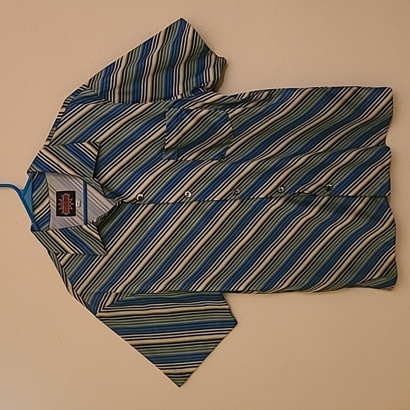 STEELHEAD Men's Retro Blue/Black/Cream Striped Button Down Shirt - Size Medium - Picture 1 of 11